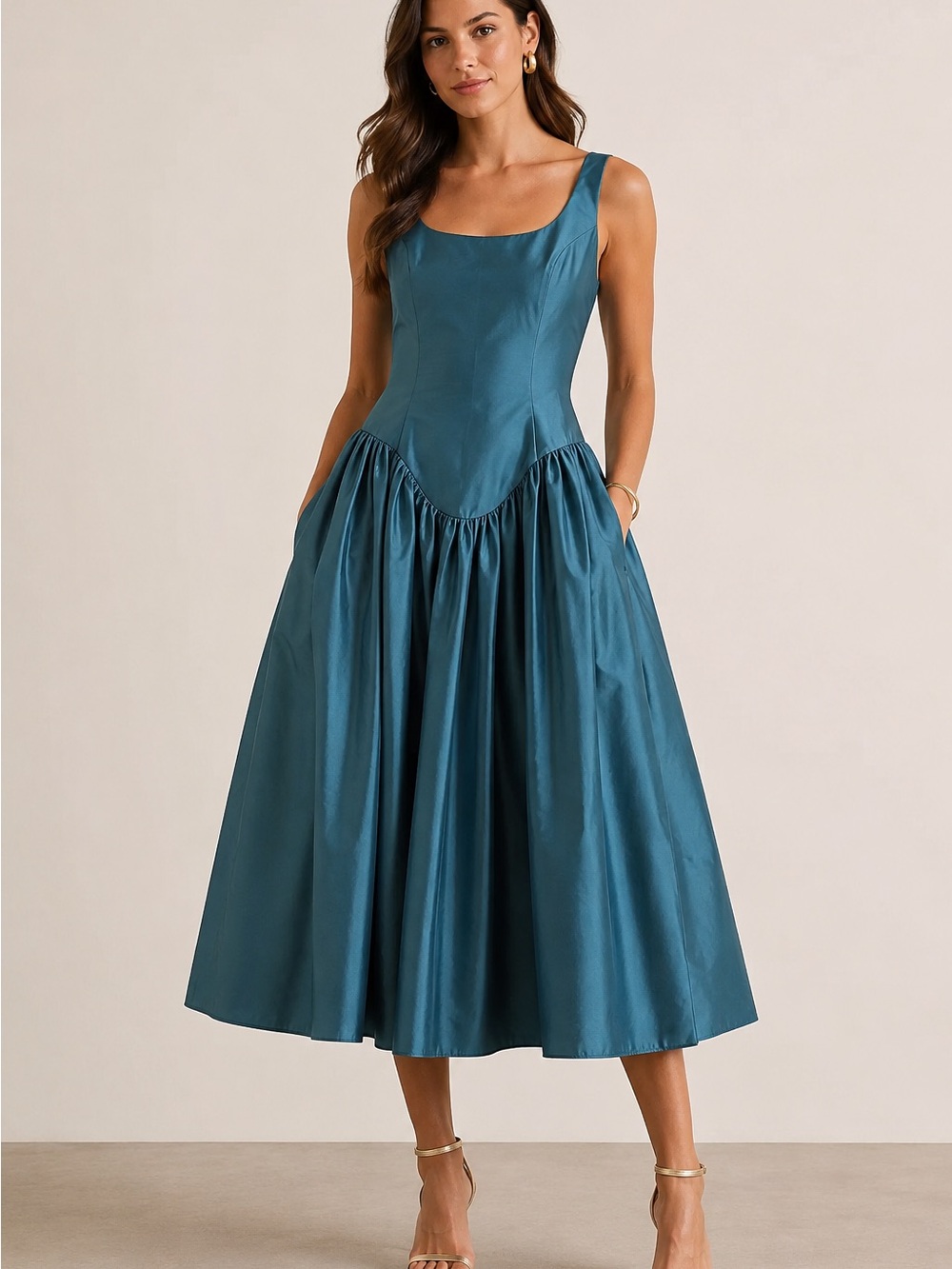 Amanda Uprichard Teal Taffeta Scoop-Neck Midi Dress NWT SIZE XS